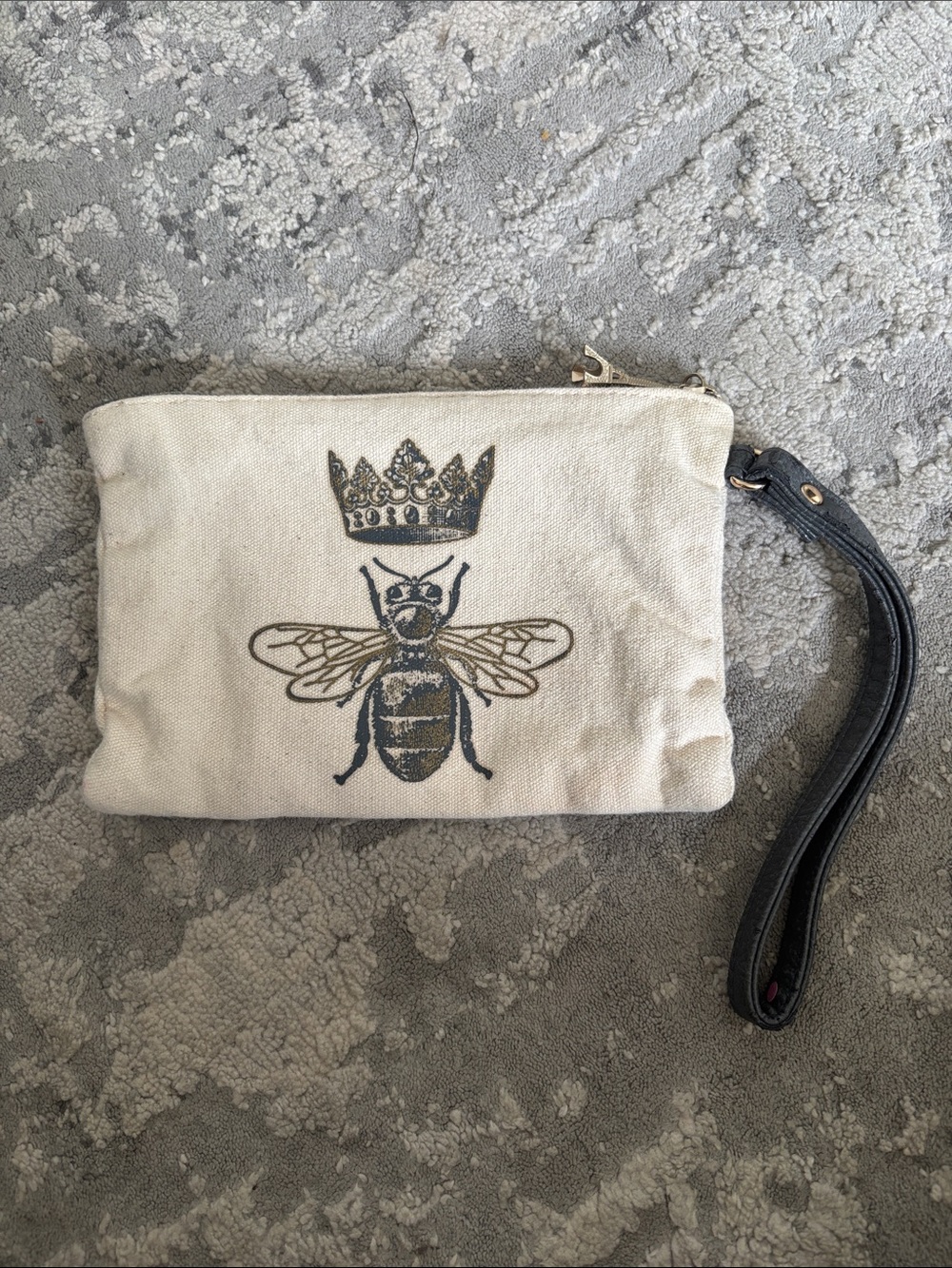 Canvas Bee Print Wristlet Pouch in Natural and Black